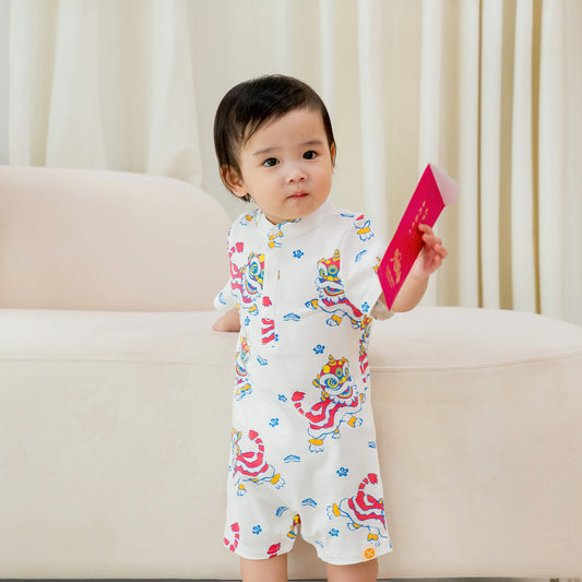 Lion Dance Series - Baby Boy Shirt Romper in White Lion Print by Le Petit Society