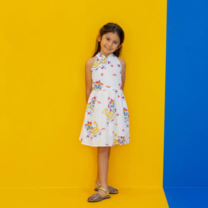 Lion Dance Series - Girls Halter Dress in White Lion Print by Le Petit Society — image 4