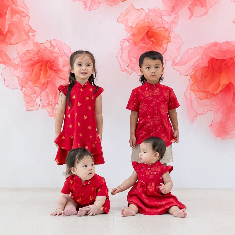 Lion Dance Series - Boys Shirt in Red Festive Lion Print by Le Petit Society — image 5