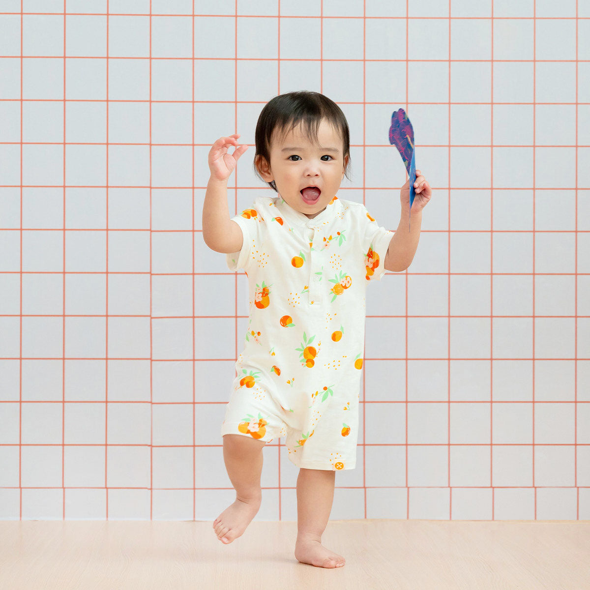 Mandarin Orange Series - Baby Boy Jersey Romper in White by Le Petit Society — image 7