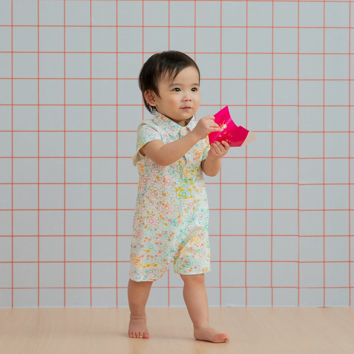 Chinese Motif Series - Baby Boy Jersey Romper in Pastel Rainbow Motif by Le Petit Society — image 3