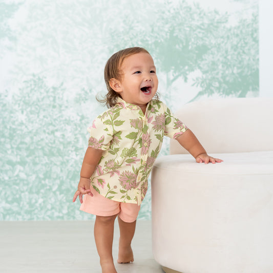 Garden Series - Boys Shirt in Yellow Chrysanthemum Print (Personalisable) by Le Petit Society