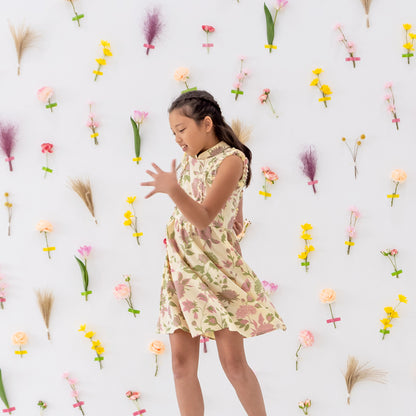 Garden Series - Girls Ruffled Dress in Yellow Chrysanthemum Print by Le Petit Society — image 2