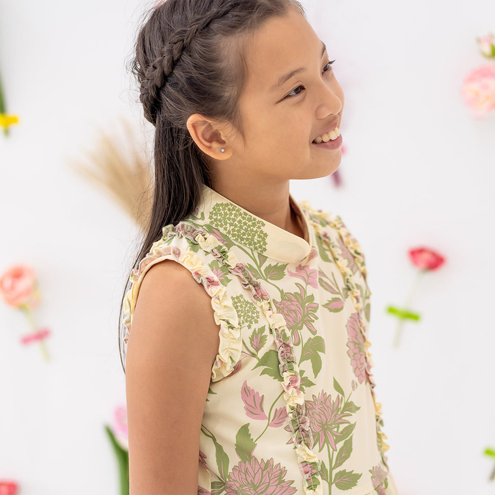 Garden Series - Girls Ruffled Dress in Yellow Chrysanthemum Print by Le Petit Society