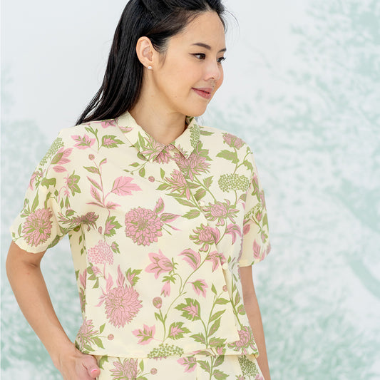 Garden Series - Ladies Wrap Top in Yellow Chrysanthemum Print by Le Petit Society