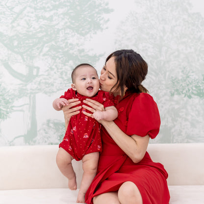 Lion Dance Series - Baby Boy Shirt Romper in Red by Le Petit Society