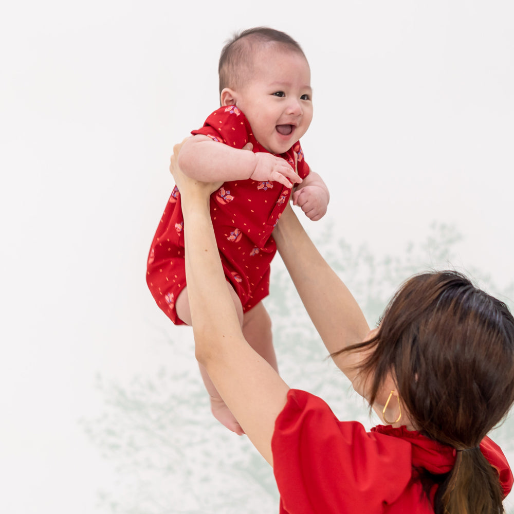 Lion Dance Series - Baby Boy Shirt Romper in Red by Le Petit Society — image 2