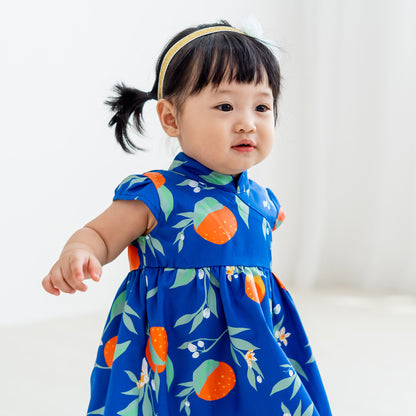 Mandarin Orange Series - Baby Girl Dress in Blue Floral Orange Print by Le Petit Society