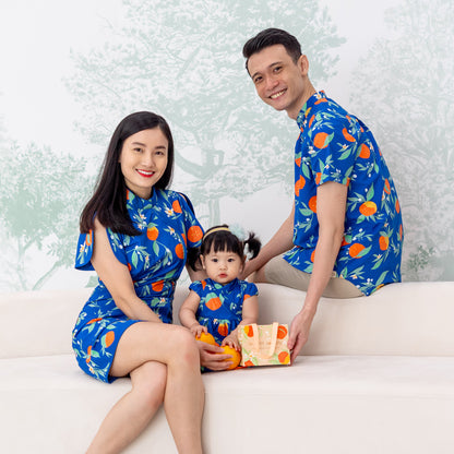 Mandarin Orange Series - Baby Girl Dress in Blue Floral Orange Print by Le Petit Society — image 2
