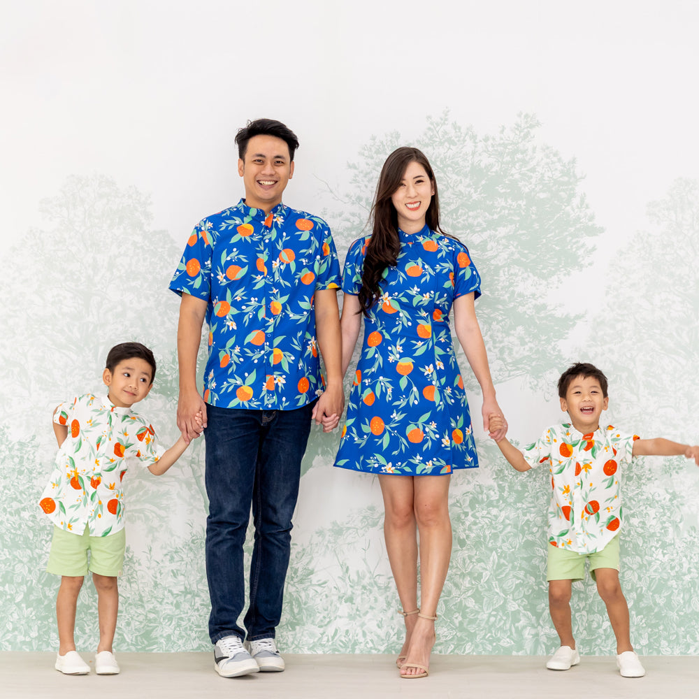 Mandarin Orange Series - Men's Shirt in Blue Floral Orange Print (Personalisable) by Le Petit Society — image 2