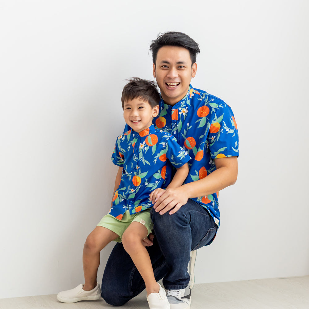 Mandarin Orange Series - Men's Shirt in Blue Floral Orange Print (Personalisable) by Le Petit Society — image 6