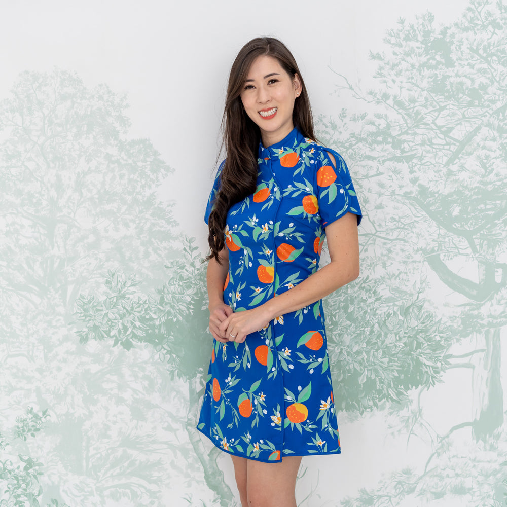 Mandarin Orange Series - Ladies Mini Dress in Blue Floral Orange Print by Le Petit Society — image 5