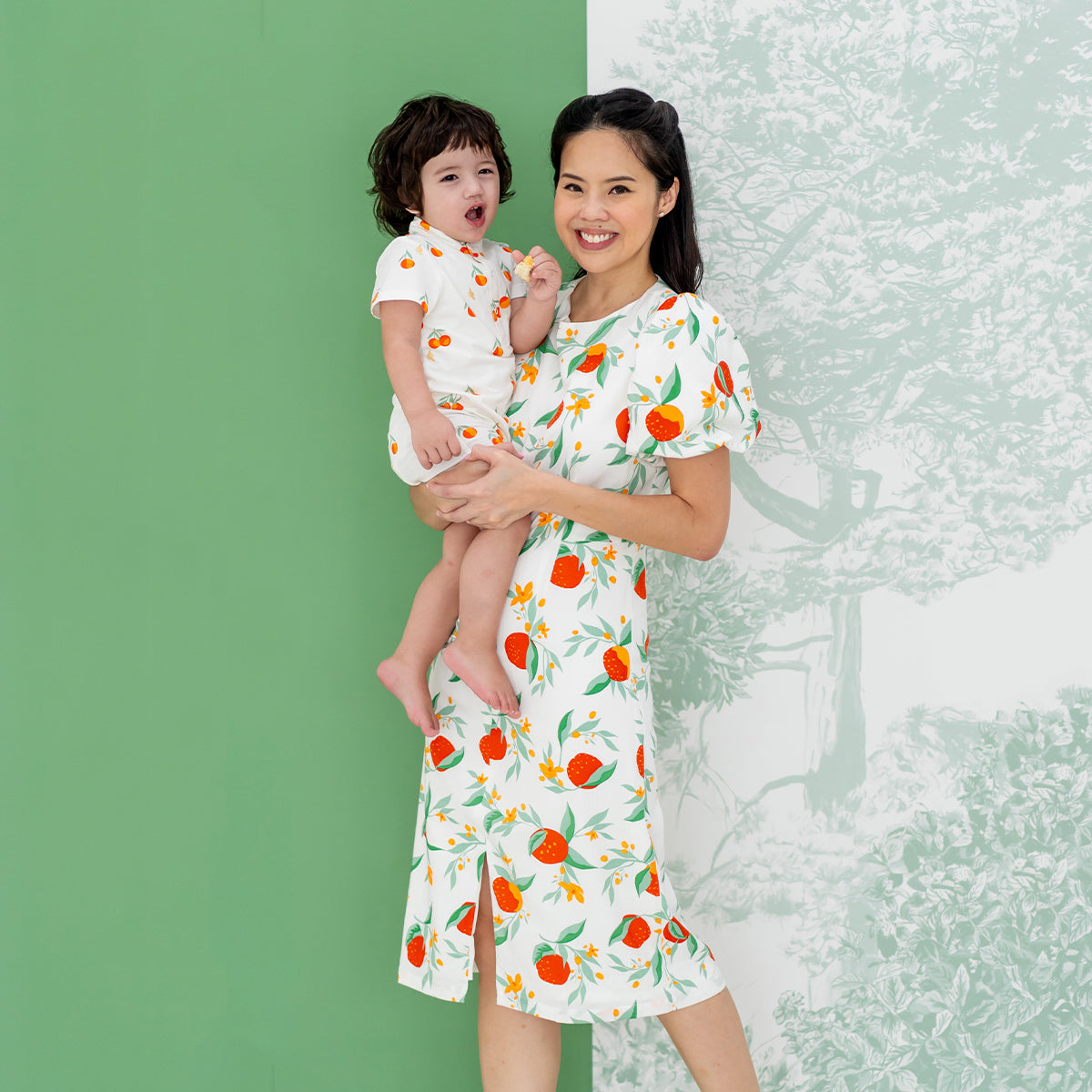 Mandarin Orange Series - Ladies Dress in White Floral Orange Print by Le Petit Society
