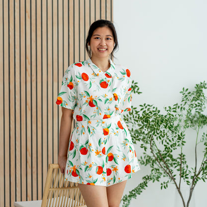 Mandarin Orange Series - Ladies High Waist Shorts in White Floral Orange Print by Le Petit Society — image 3