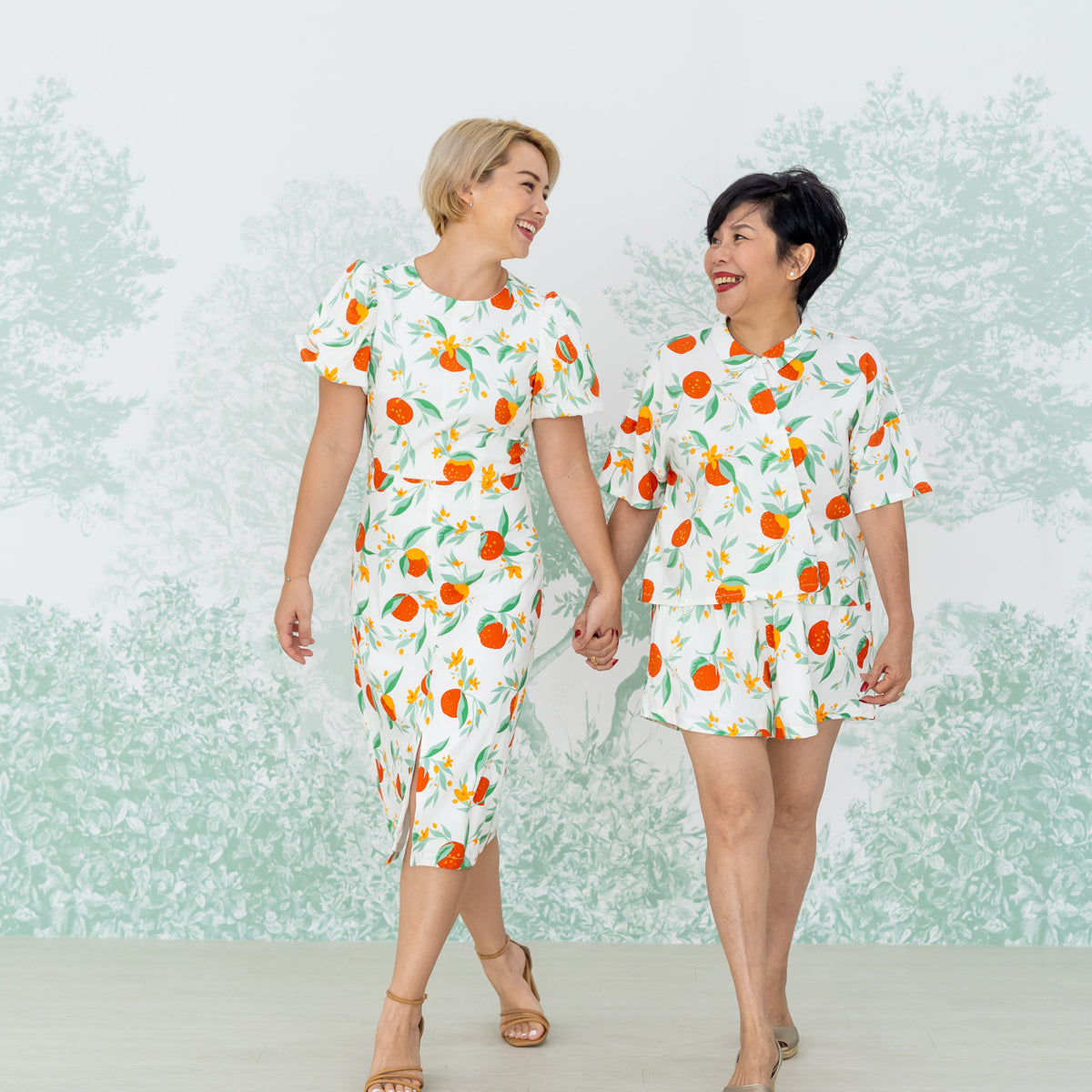 Mandarin Orange Series - Ladies High Waist Shorts in White Floral Orange Print by Le Petit Society — image 5