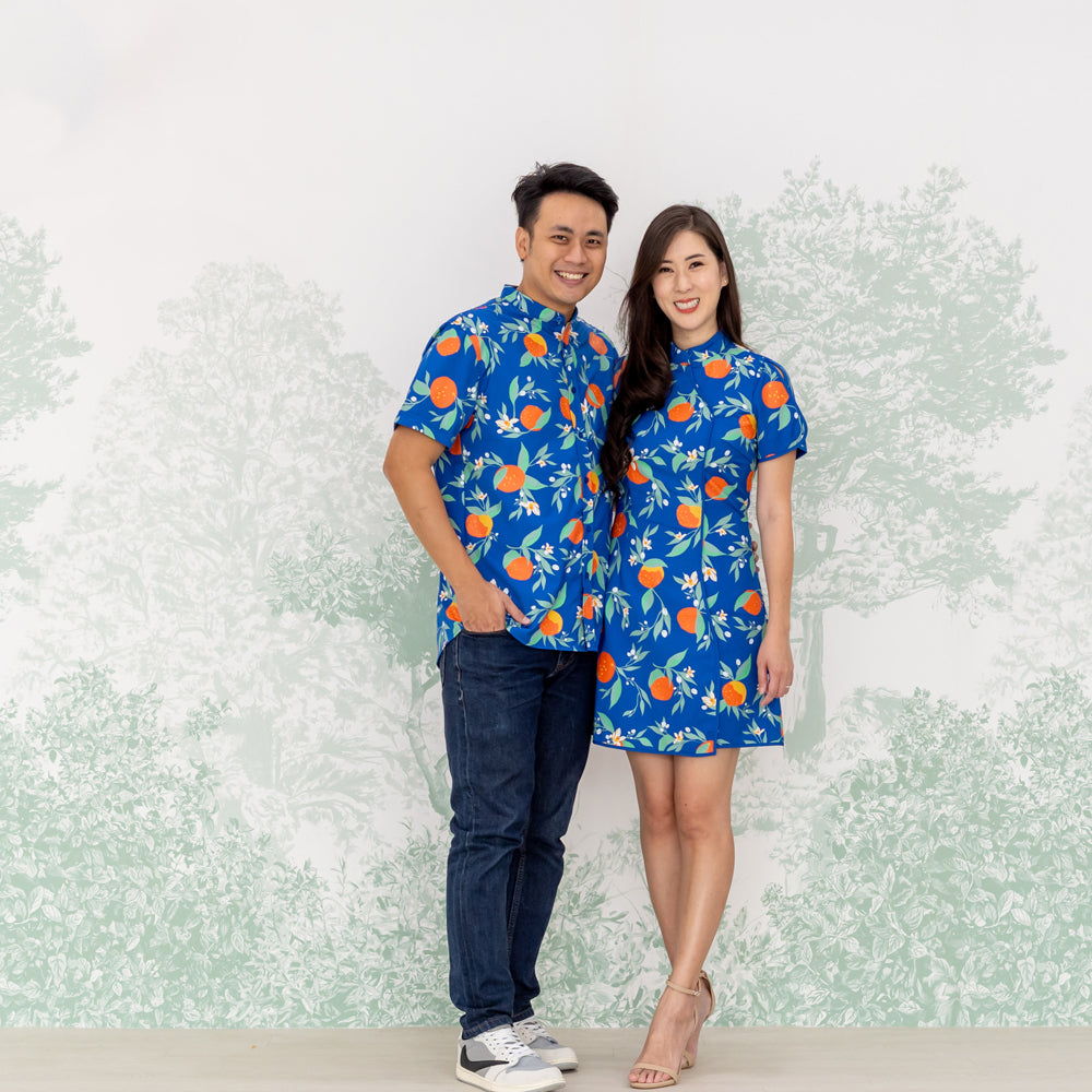 Mandarin Orange Series - Men's Shirt in Blue Floral Orange Print (Personalisable) by Le Petit Society — image 3