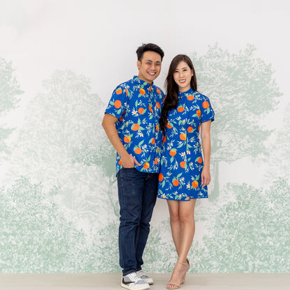 Mandarin Orange Series - Men's Shirt in Blue Floral Orange Print (Personalisable) by Le Petit Society — image 3