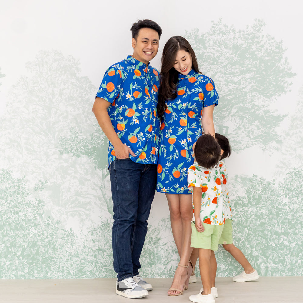 Mandarin Orange Series - Men's Shirt in Blue Floral Orange Print (Personalisable) by Le Petit Society — image 7
