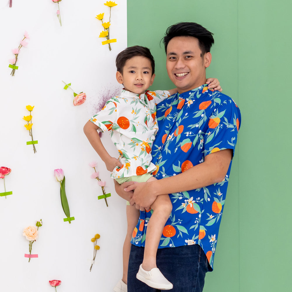 Mandarin Orange Series - Men's Shirt in Blue Floral Orange Print (Personalisable) by Le Petit Society