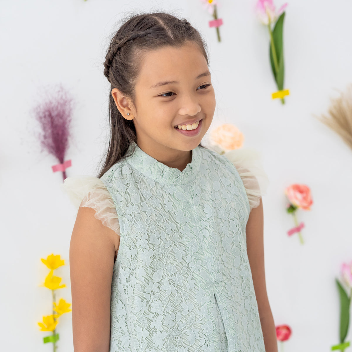 Spring Series - Girls Tiered Tulle Lace Dress in Sage by Le Petit Society