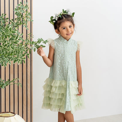 Spring Series - Girls Tiered Tulle Lace Dress in Sage by Le Petit Society — image 2