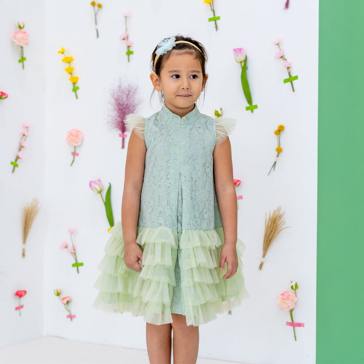 Spring Series - Girls Tiered Tulle Lace Dress in Sage by Le Petit Society — image 6
