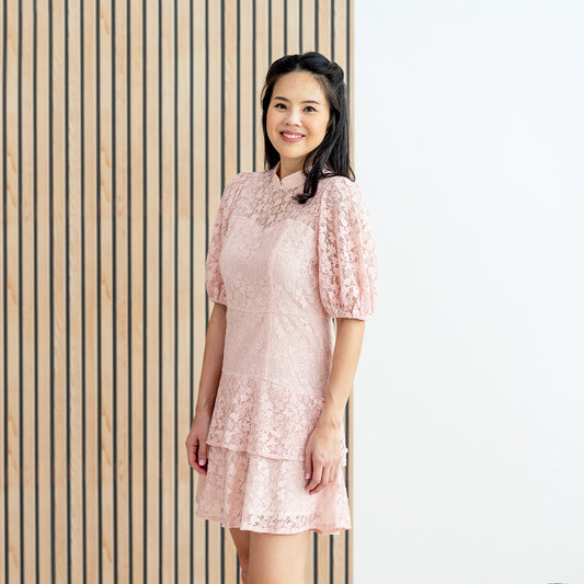 Spring Series - Ladies Puff Sleeve Lace Dress in Pink by Le Petit Society