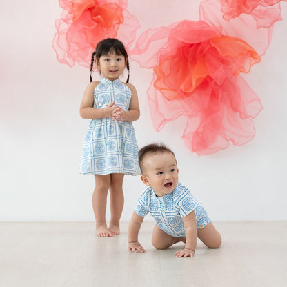 Heritage Series - Baby Boy Jersey Romper in Blue Peranakan Print by Le Petit Society — image 2