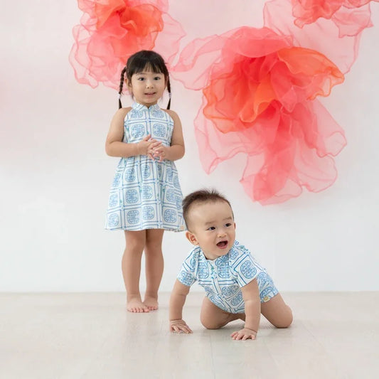 Heritage Series - Baby Boy Jersey Romper in Blue Peranakan Print by Le Petit Society — image 2