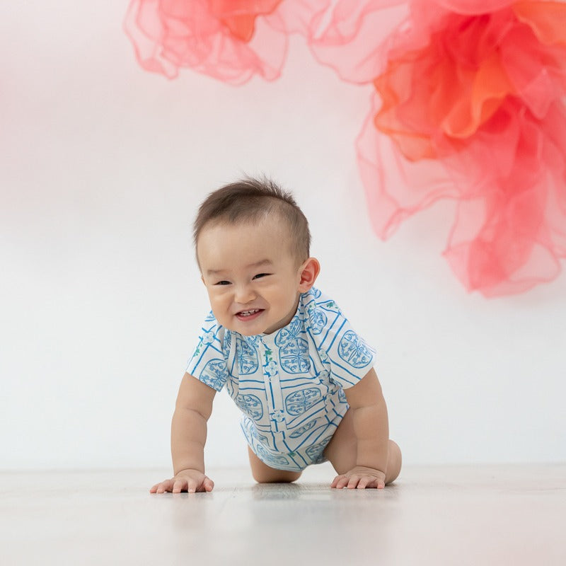 Heritage Series - Baby Boy Jersey Romper in Blue Peranakan Print by Le Petit Society
