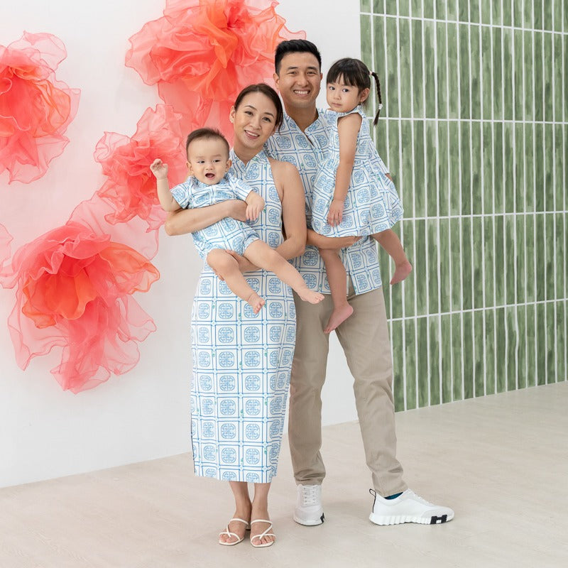 Heritage Series - Baby Boy Jersey Romper in Blue Peranakan Print by Le Petit Society — image 3