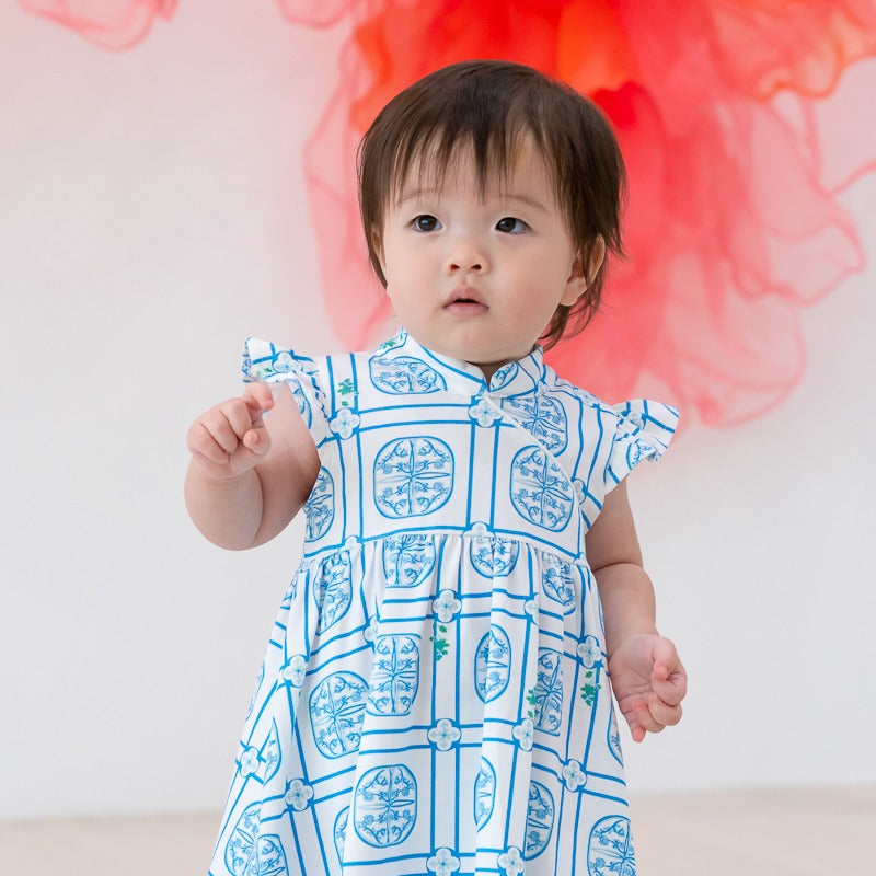 Heritage Series - Baby Girl Jersey Cheongsam in Blue Peranakan Print by Le Petit Society — image 4