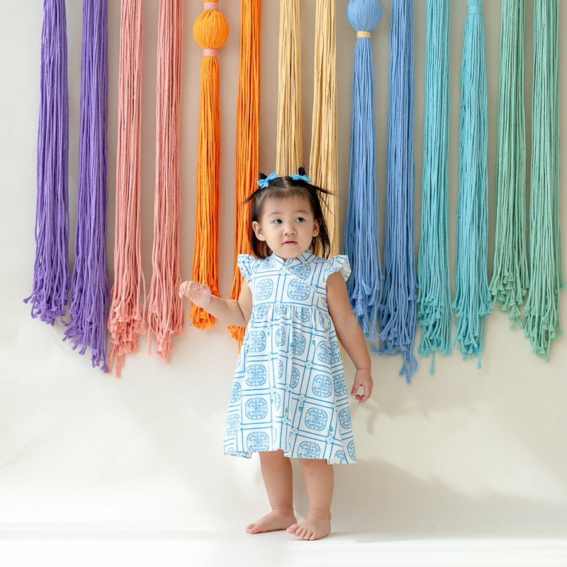 Heritage Series - Baby Girl Jersey Cheongsam in Blue Peranakan Print by Le Petit Society