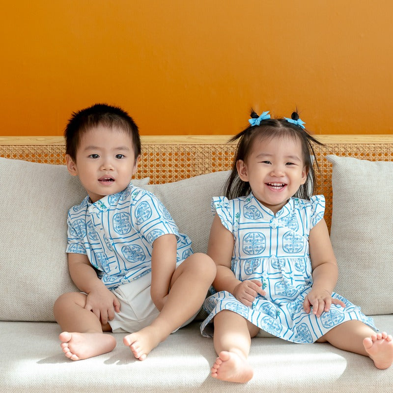 Heritage Series - Baby Girl Jersey Cheongsam in Blue Peranakan Print by Le Petit Society — image 2