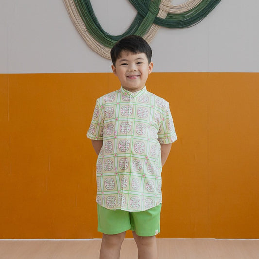 Heritage Series - Boys Shirt in Beige Peranakan Print by Le Petit Society