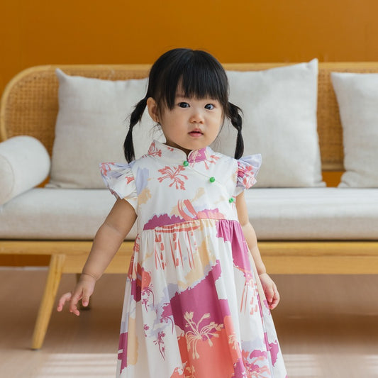 Heritage Series - Girls Cheongsam in MBS Sunset Skyline Print by Le Petit Society