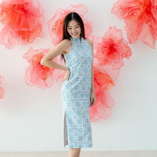 Heritage Series - Ladies Cheongsam in Blue Peranakan Print by Le Petit Society