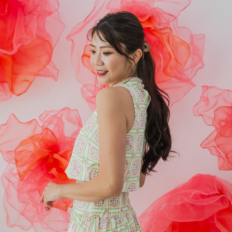Heritage Series - Ladies Cheongsam Top in Beige Peranakan Print by Le Petit Society — image 2