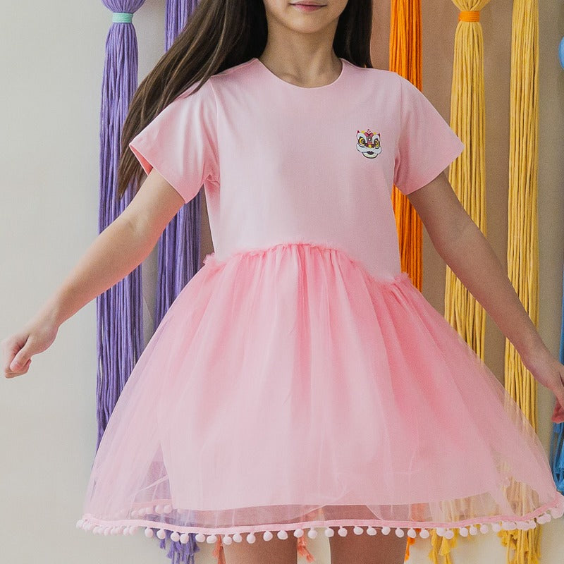 Lion Dance Series in Girls Jersey Dress with Pink Tulle by Le Petit Society — image 2