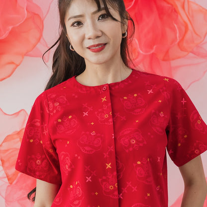 Lion Dance Series - Ladies Boxy Shirt in Red Festive Lion Print by Le Petit Society — image 5