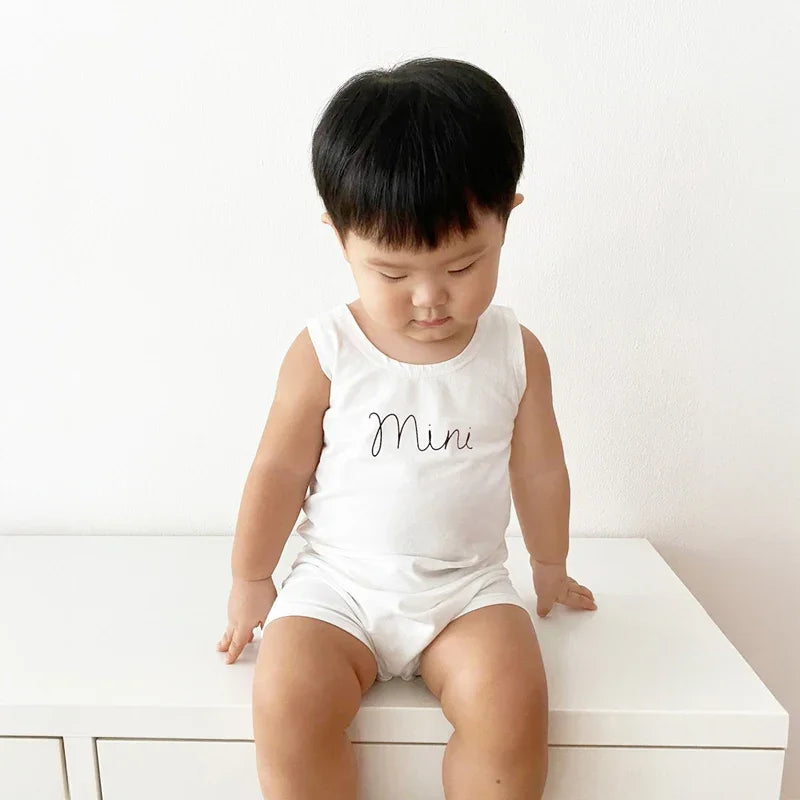 Family Tees - Mini Baby Sleeveless Romper in White/Black by Le Petit Society