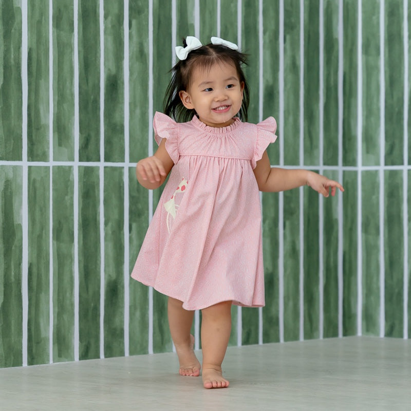 Oriental Series - Girls Baby Doll Dress in Pink Origami Koi Print by Le Petit Society — image 3