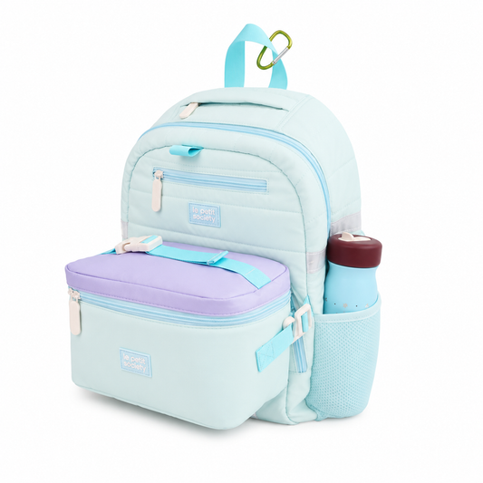 Single Pocket Backpack and Lunch Bag Bundle in Ice Blue Puffer by Le Petit Society