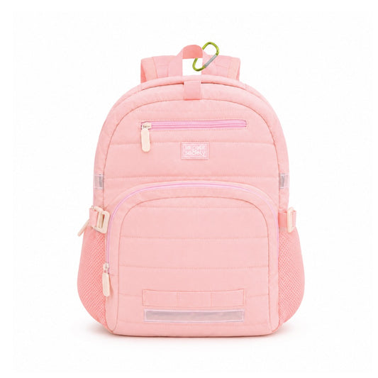 Single Pocket Backpack in Marshmallow Pink Puffer by Le Petit Society