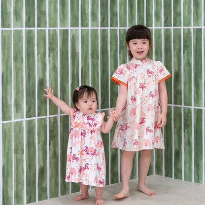 Zodiac Series - Girls Cheongsam in Red Carnival Horse Print by Le Petit Society — image 4