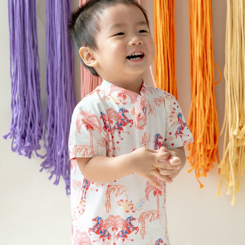 Zodiac Series - Boys Jersey Shirt in Red Carnival Horse Print by Le Petit Society