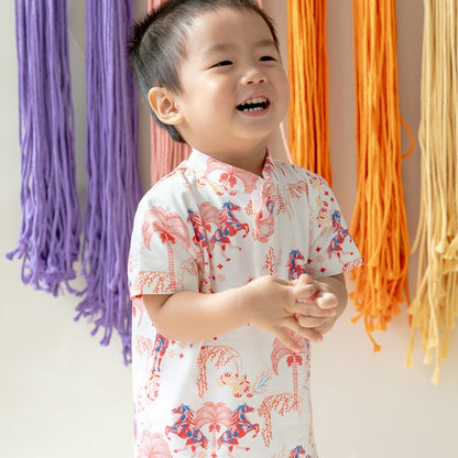 Zodiac Series - Boys Jersey Shirt in Red Carnival Horse Print by Le Petit Society