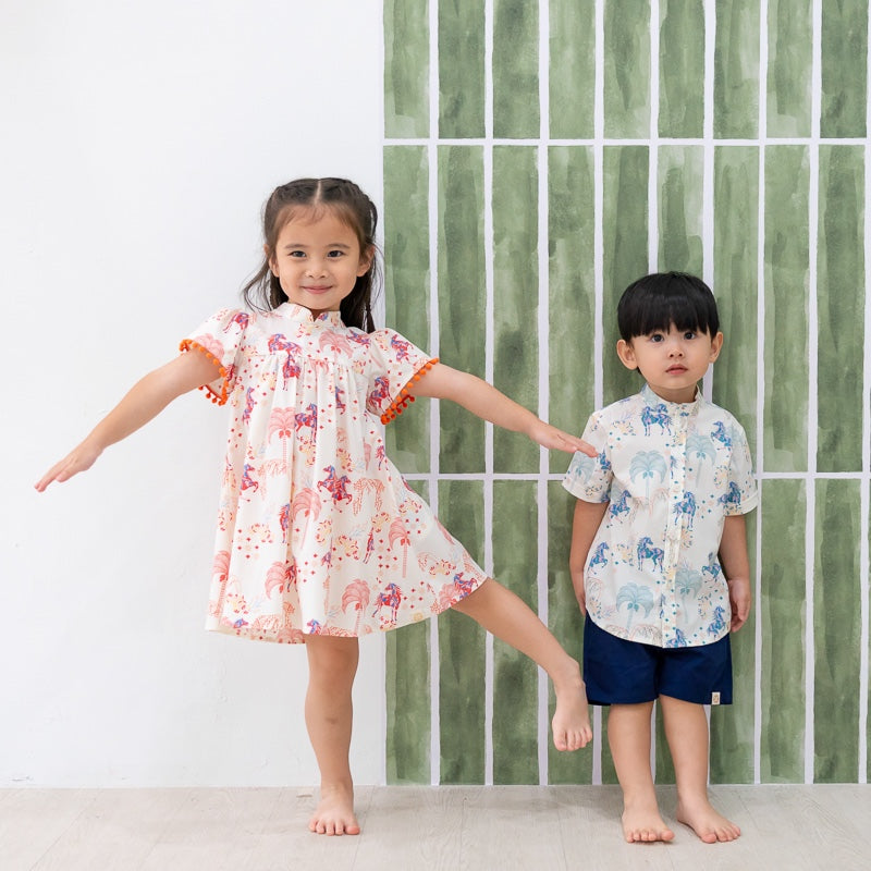 Zodiac Series - Girls Cheongsam in Red Carnival Horse Print by Le Petit Society — image 3