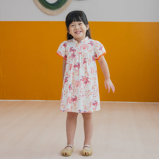 Zodiac Series - Girls Cheongsam in Red Carnival Horse Print by Le Petit Society