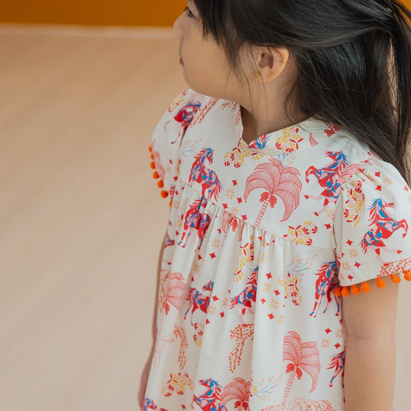 Zodiac Series - Girls Cheongsam in Red Carnival Horse Print by Le Petit Society — image 2